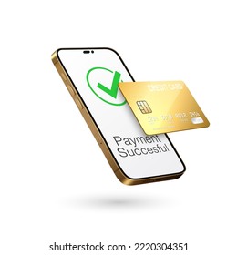 Vector 3d Realistic Smartphone, Credit Card, Wi-Fi Successful Payment. Concept of Payment for Purchases by Card, Online Shopping. Design Template, Bank POS Terminal, Mockup. Processing NFC Device