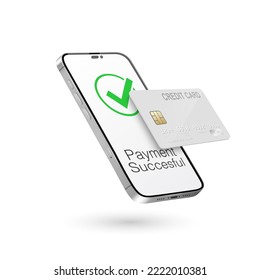 Vector 3d Realistic Smartphone, Credit Card, Wi-Fi Successful Payment. Concept of Payment for Purchases by Card, Online Shopping. Design Template, Bank POS Terminal, Mockup. Processing NFC Device