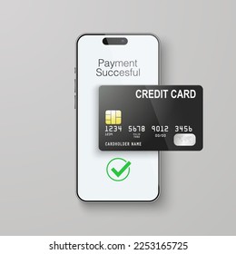 Vector 3d Realistic Smartphone and Credit Card, Wi-Fi Successful Payment. Concept of Payment for Purchases by Card, Online Shopping. Design Template, Bank POS Terminal, Mockup. Processing NFC Device