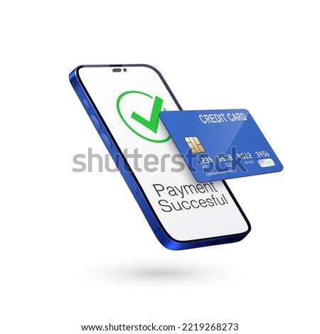 Vector 3d Realistic Smartphone, Credit Card, Wi-Fi Successful Payment. Concept of Payment for Purchases by Card, Online Shopping. Design Template, Bank POS Terminal, Mockup. Processing NFC Device