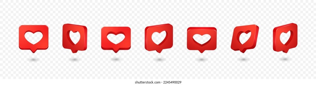 Vector 3d Realistic Social Media Red Like Icon Set Isolated on White Background. Valentines Day, Love Message Concept, Design Template. Comment and Follower. Web Icons