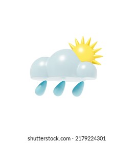 Vector 3D realistic solid blue cloud with three waterdrops and the yellow sun. Render of the icon with sunny rain for weather forecast 