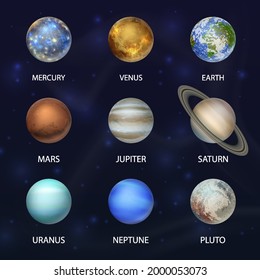 Vector 3d Realistic Space Planet Icon Set on Dark Starry Sky Background. The Planets of the Solar System. Galaxy, Astronomy, Space Exploration Concept