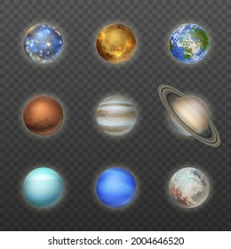 Vector 3d Realistic Space Planet Icon Set on Transparent Background. The Planets of the Solar System. Galaxy, Astronomy, Space Exploration Concept