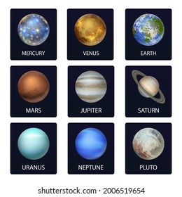 Vector 3d Realistic Space Planet Card, Icon Set. The Planets of the Solar System. Galaxy, Astronomy, Space Exploration Concept