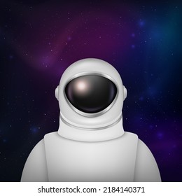 Vektor 3d realistischer Raumfahrer, Astronaut. Raumfahrt, Astronautenhelm auf Weltraum-Hintergrund. Kosmonautenanzug mit transparentem Glas für Weltraumforschung. Weißer Anzug für Spaceman, Schutz