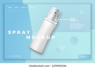 Vector 3d realistic spray bottle with cap on modern site template with typographic background. Mock-up for product package branding.