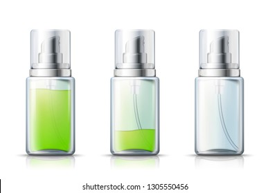 Vector 3d realistic spray bottle with liquid gel inside, isolated on white background. Mock-up for product package branding.