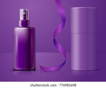 Vector 3d realistic spray bottle with round paper box, isolated on bright violet background with reflection. Mock-up for product package branding.