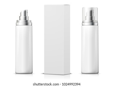 Vector 3d realistic spray bottles with paper box on white background with reflection. Mock-up for product package branding.