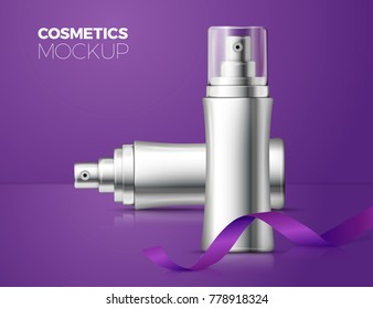 Vector 3d realistic spray bottles with reflections, modern minimalistic advertisement template. Mock-up for product package branding.