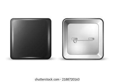 Vector 3d Realistic Square Black Metal, Plastic Blank Empty Button Badge Icon Isolated. Button Pin Badge. Glossy Brooch Pin. Front View - Front and Back Side. Template for Branding, Mock-up