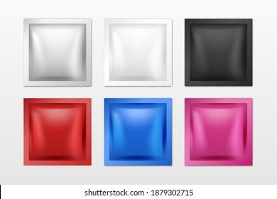 Vector 3d Realistic Square Foil Blank Packaging Set Isolated on White. Drugs, Coffee, Salt, Sugar, Pepper, Spices, Sachet, Condom Wrapper. Design Template for Mockup. Top View