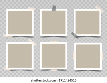 Vector 3d realistic square photo frames with various adhesive tape. Mockup for design or presentation. Template on transparent background. 6 empty beige photo cards with sticky tape. EPS10.