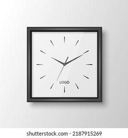 Vector 3d Realistic Square Wall Office Clock with Black Frame, Design Template Isolated on White. Dial with Roman Numerals. Mock-up of Wall Clock for Branding and Advertise Isolated. Clock Face Design