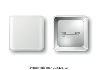 Vector 3d Realistic Square White Metal Blank Empty Button Badge Icon Isolated. Button Pin Badge. Glossy Brooch Pin. Top View - Front and Back Side. Template for Branding, Mock-up