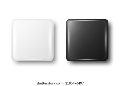 Vector 3d Realistic Square White, Black Metal, Plastic Blank Empty Button Badge Icon Set Isolated. Button Pin Badge. Glossy Brooch Pin. Top View - Front, Top View. Template for Branding, Mock-up