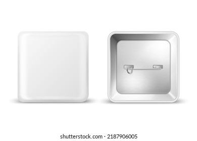 Vector 3d Realistic Square White Metal, Plastic Blank Empty Button Badge Icon Isolated. Button Pin Badge. Glossy Brooch Pin. Front View - Front and Back Side. Template for Branding, Mock-up