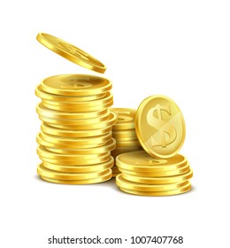 Vector 3d realistic stack of gold coins with S symbol, isolated on white background. Heap of shiny metal dollars. Concept illustration of business success, cash jackpot, money profit, wealth