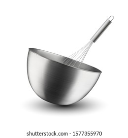 Vector 3d Realistic Steel, Chrome, Silver Metal Hemisphere Circle Bowl and Whisk Closeup Isolated on White Background. Utensils for Kitchens. Design Template, Health Food and Drink Concept