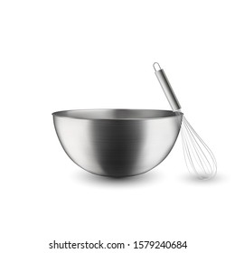 Vector 3d Realistic Steel, Chrome, Silver Metal Hemisphere Circle Bowl and Whisk Closeup Isolated on White Background. Utensils for Kitchens. Design Template, Health Food and Drink Concept