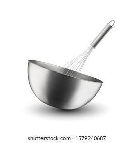 Vector 3d Realistic Steel, Chrome, Silver Metal Hemisphere Circle Bowl and Whisk Closeup Isolated on White Background. Utensils for Kitchens. Design Template, Health Food and Drink Concept