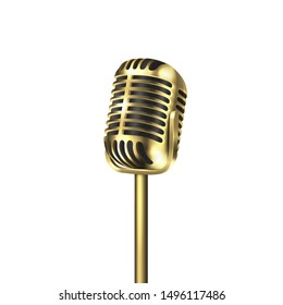 Vector 3d Realistic Steel Golden Retro Concert Vocal Microphone Icon Closeup Isolated on White Background. Design Template of Vintage Karaoke Metal Mic. Front view