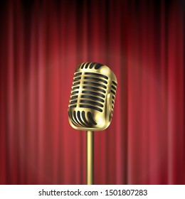 Vector 3d Realistic Steel Golden Retro Concert Vocal Stage Microphone Closeup Isolated on Red Curtains Background. Design Template of Vintage Karaoke Metal Mic. Front view