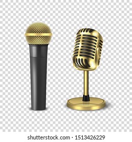 Vector 3d Realistic Steel Golden Retro Concert Vocal Stage Microphone Icon Set Closeup Isolated on Transparent Background. Design Template of Vintage Classic Karaoke Metal Mic. Front view