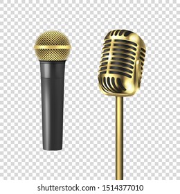 Vector 3d Realistic Steel Golden Retro Concert Vocal Stage Microphone Icon Set Closeup Isolated on Transparent Background. Design Template of Vintage Classic Karaoke Metal Mic. Front view