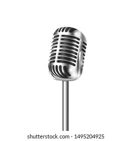 Vector 3d Realistic Steel Retro Concert Vocal Microphone Icon Closeup Isolated On White Background. Design Template Of Vintage Karaoke Metal Mic. Front View