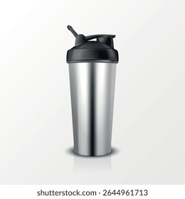 Vetor 3d real aço Shaker garrafa maquete. Garrafa de Agitador de Proteína Realista para Branding e Design Personalizado. Esporte Shaker Garrafa Vetor Ilustração para Suplemento, Fitness, Ginásio, Logotipo, Impressão