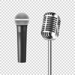 Vector 3d Realistic Steel Silver Retro Concert Vocal Stage Microphone Icon Set Closeup Isolated On Transparent Background. Design Template Of Vintage Classic Karaoke Metal Mic. Front View