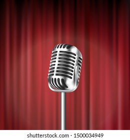 Vector 3d Realistic Steel Silver Retro Concert Vocal Stage Microphone Closeup Isolated on Red Curtains Background. Design Template of Vintage Karaoke Metal Mic. Front view