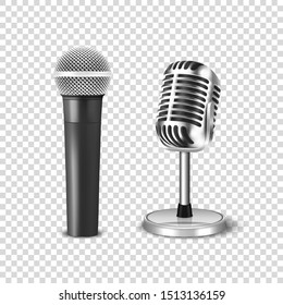 Vector 3d Realistic Steel Silver Retro Concert Vocal Stage Microphone Icon Set Closeup Isolated On Transparent Background. Design Template Of Vintage Classic Karaoke Metal Mic. Front View