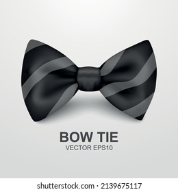 Vector 3d Realistic Striped Black Bow Tie Icon Closeup Isolated on White Background. Silk Glossy Bowtie, Tie Gentleman. Mockup, Design Template. Bow tie for Man. Mens Fashion, Fathers Day Holiday