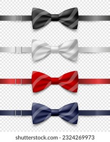 Vector 3d Realistic Striped Blue, Black, Red, White Bow Tie Icon Set Closeup Isolated. Silk Glossy Bowtie, Tie Gentleman. Mockup, Design Template. Bow tie for Man. Mens Fashion, Fathers Day Holiday