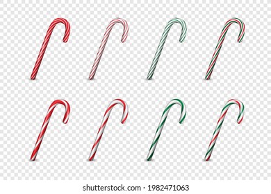 Vector 3d Realistic Striped Christmas and New Year Candy Cane Icon Set Closeup Isolated on Transparent Background. Xmas Sweet. Design Template for Greeting Card. Front View