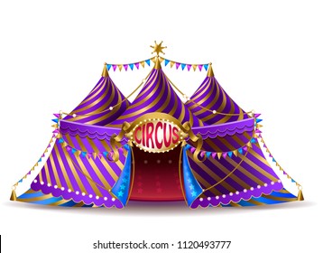 Vector 3d realistic striped circus tent with flags and illuminated signboard for performances, isolated on background. Empty purple marquee with open entrance for attractions and entertainments