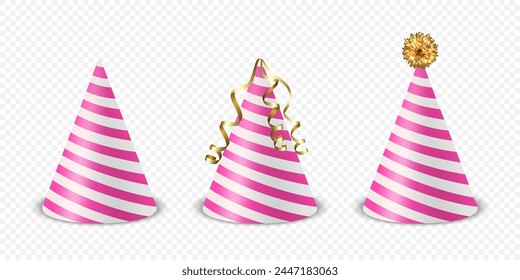 Vector 3d Realistic Striped Pink and White Birthday Party Hat Icon Set Isolated. Party Cap Design Template for Party Banner, Greeting Card. Holiday Hats, Cone Shape, Front View