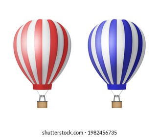 Vector 3d Realistic Striped Red and Blue Hot Air Balloon Icon Set Isolated on White Background. Design Template for Mockup, Branding. Front View