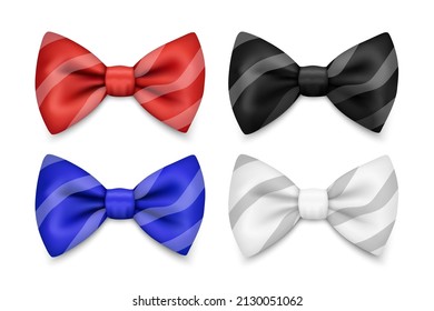 Vector 3d Realistic Striped Red, Blue, White, Black Bow Tie Icon Set Closeup Isolated. Silk Glossy Bowtie, Tie Gentleman. Mockup, Design Template. Bow tie for Man. Mens Fashion, Fathers Day Holiday