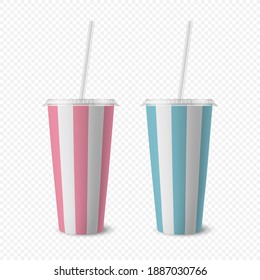 Vector 3d Realista Taza Desechable de Papel Blanco Rastreado Set con tapa, Paja para bebida, Bebidas Aisladas. Café, refresco, té, cóctel, batido. Plantilla de diseño de empaquetado para la mezcla. Vista frontal