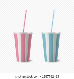 Vector 3d Realistic Striped White Paper Disposable Cup Set with Lid, Straw for Beverage, Drinks Isolated. Coffee, Soda, Tea, Cocktail, Milkshake. Design Template of Packaging for Mockup. Front View