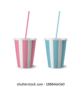 Vector 3d Realistic Striped White Paper Disposable Cup Set with Lid, Straw for Beverage, Drinks Isolated. Coffee, Soda, Tea, Cocktail, Milkshake. Design Template of Packaging for Mockup. Front View