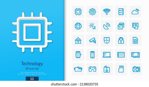 Vector 3d realistic style icons set. Digital technology, cloud computing, gps navigation outline symbol illustration. Processor, print, VR glasses, hi tech, laptop line pictogram. Top view, shadow