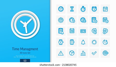 Vector 3d realistic style icons set. Illustration with date, time outline symbols. Alarm clock, smart watch, stopwatch, timer, organizer, planning and management line pictogram. Top view, shadow