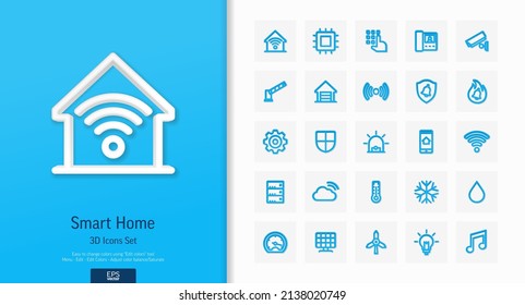Vector 3d realistic style icons set. Illustration with home, smart house, outline symbols. Robot vacuum cleaner, device, security, wireless remote control system line pictogram. Top view, shadow