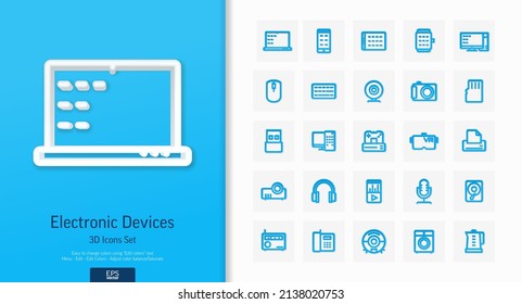 Vector 3d realistic style icons set. Illustration with digital technology, electronics outline symbols. Smart phone, watch, laptop, tablet, pc, camera, line pictogram. Top view, shadow