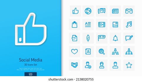 Vector 3d realistic style icons set. Social media, network outline symbols illustration. Like, video content, message, comment, subscribe, profile views, followers line pictogram. Top view, shadow